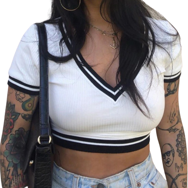 V-Neck Short Sleeve Crop Top
