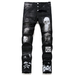 Black Patched Biker Jeans